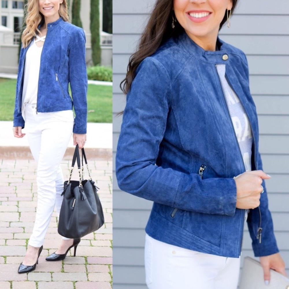 Bernardo Navy Genuine suede moto zip front jacket